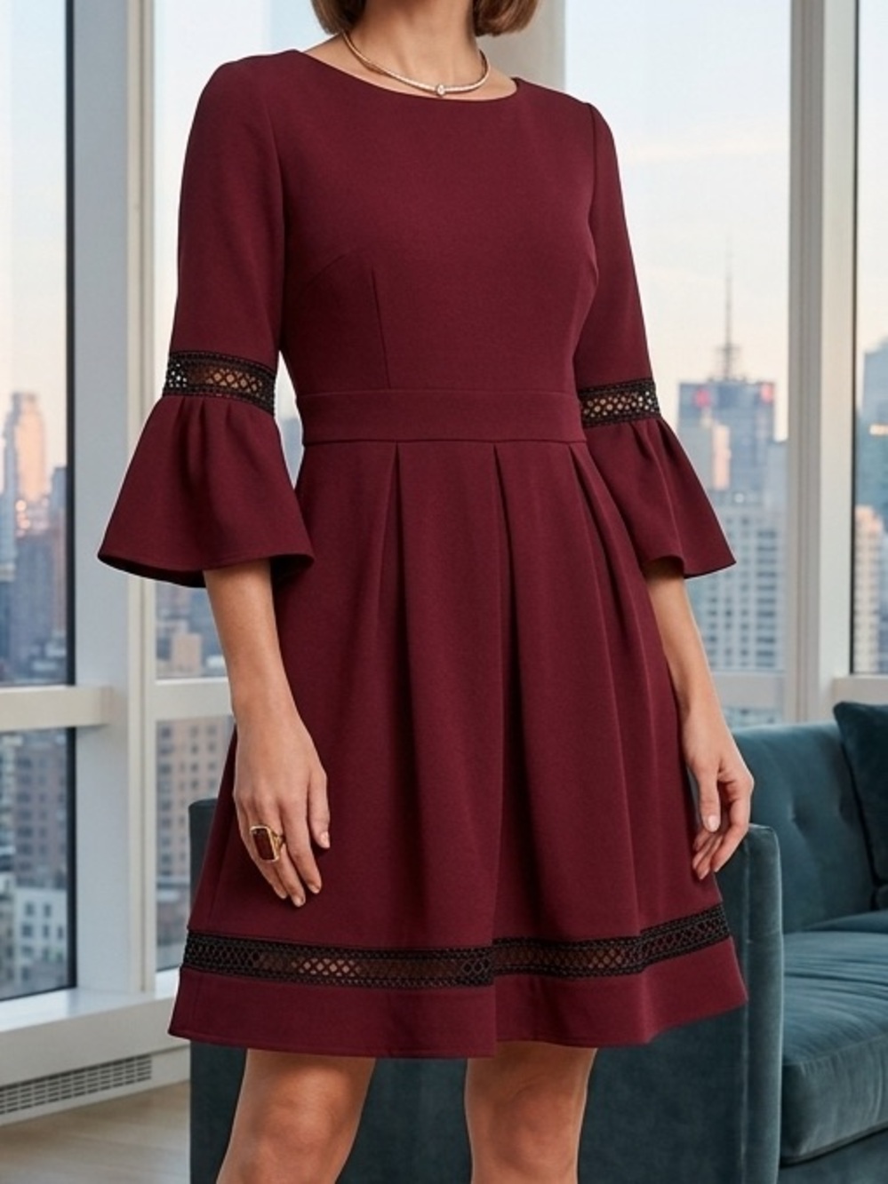 Eliza J Burgundy Bell‎ Sleeve Lattice Trim Fit & Flare Dress Size 8 EJ7M9141